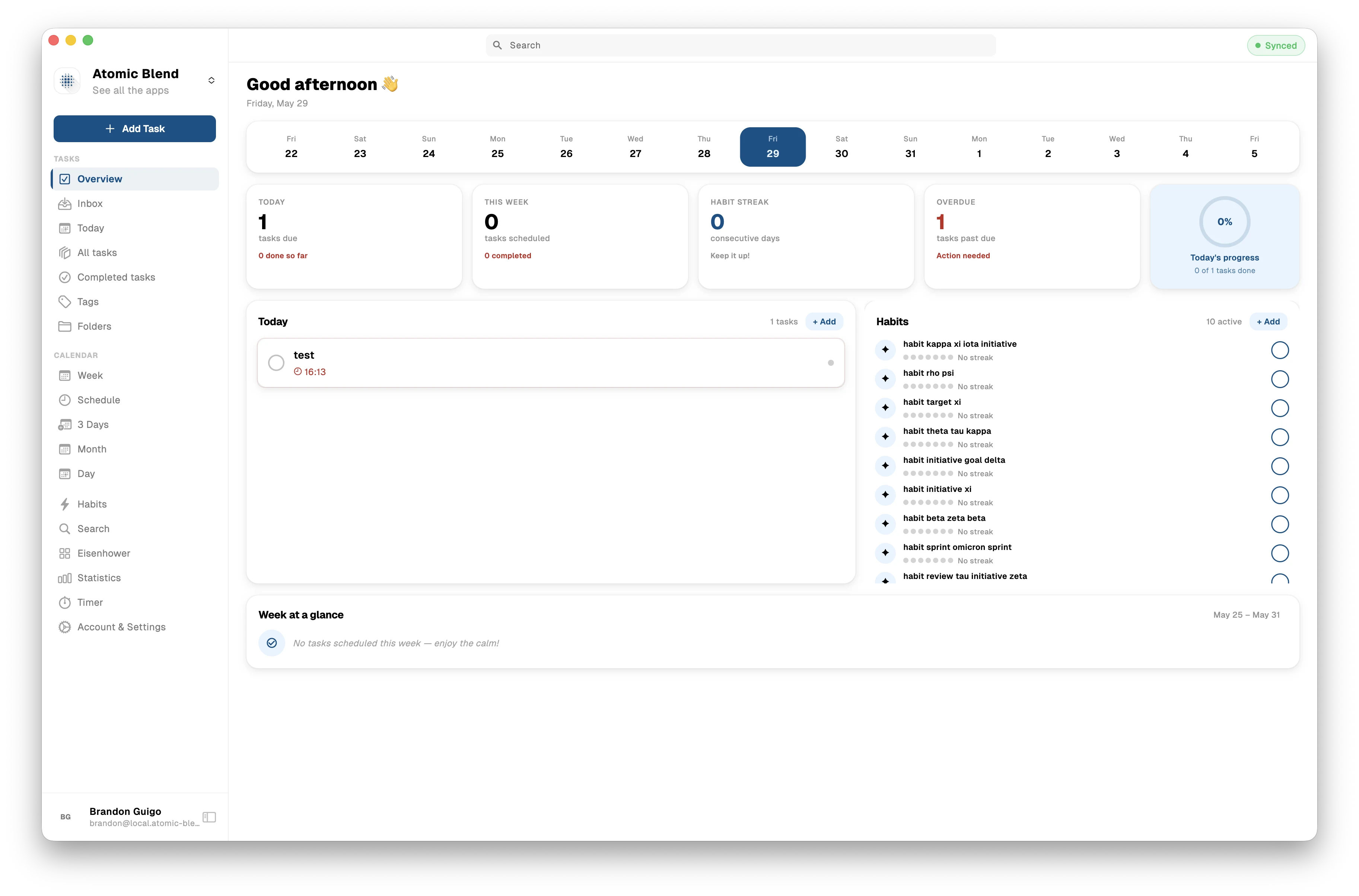 The Atomic Blend desktop app showing tasks, habits and calendar